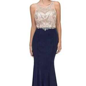 NWT Eureka Fashion 7022 Beaded Prom Dress Navy/Gold Size S